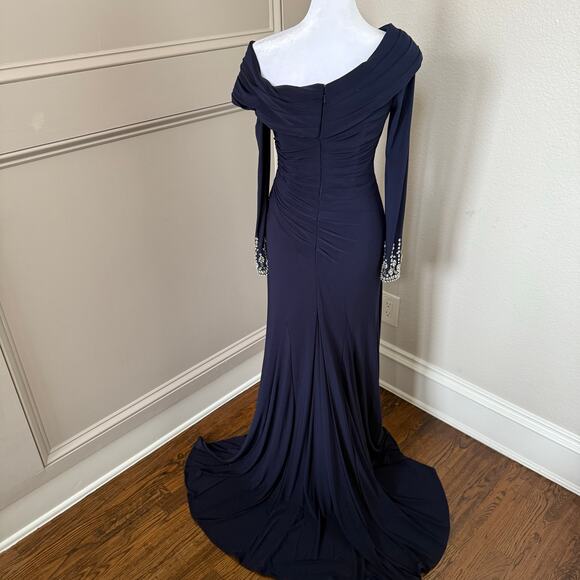 Mac Duggal Navy Beaded Cuff Drop Shoulder Faux Wrap Gown Size 4 $398 - Picture 11 of 11